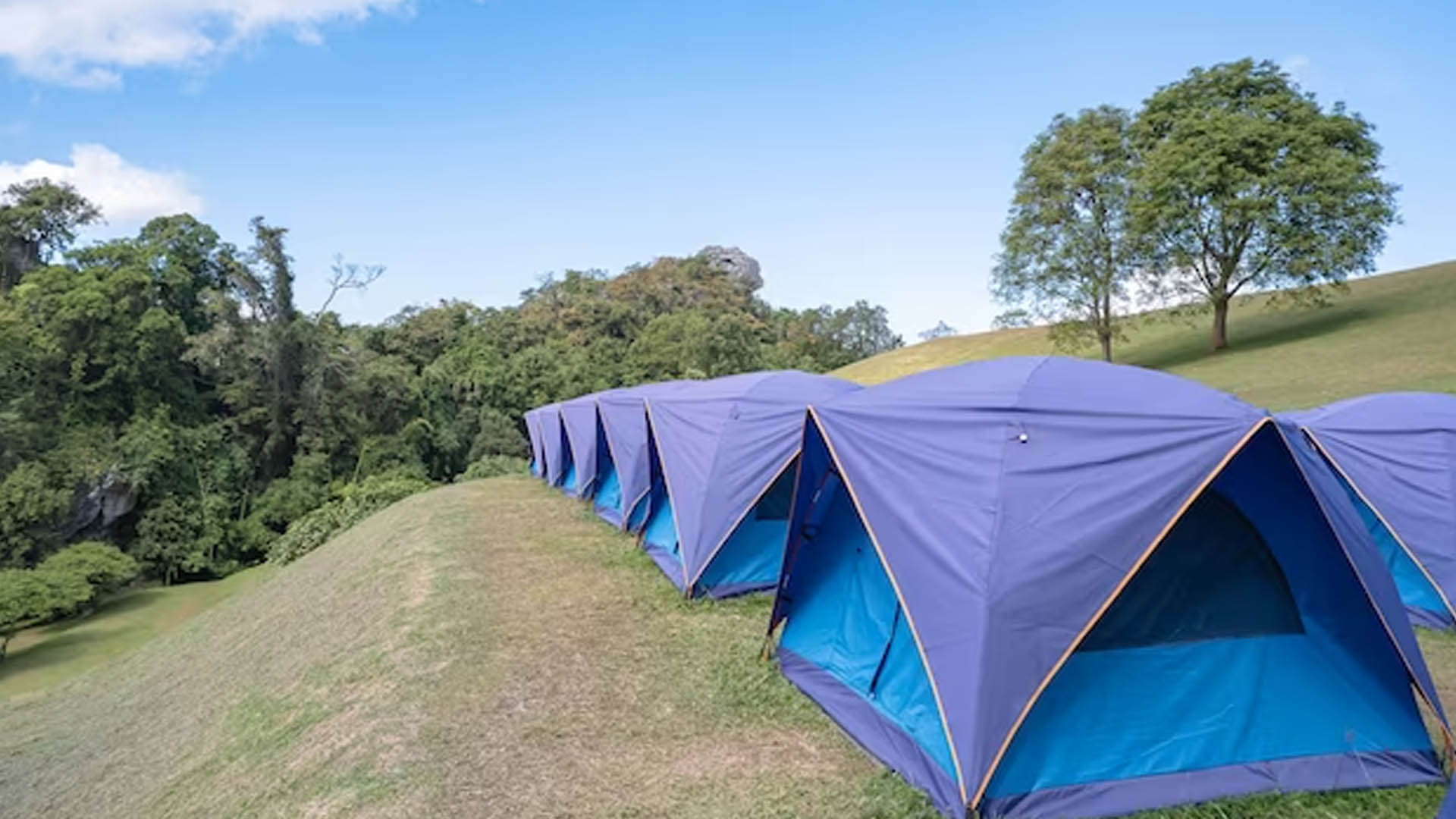 Row of blue tents on a green hillside ready for a group experience
